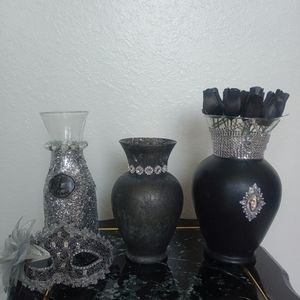 3 Piece Black And Silver Vase Set